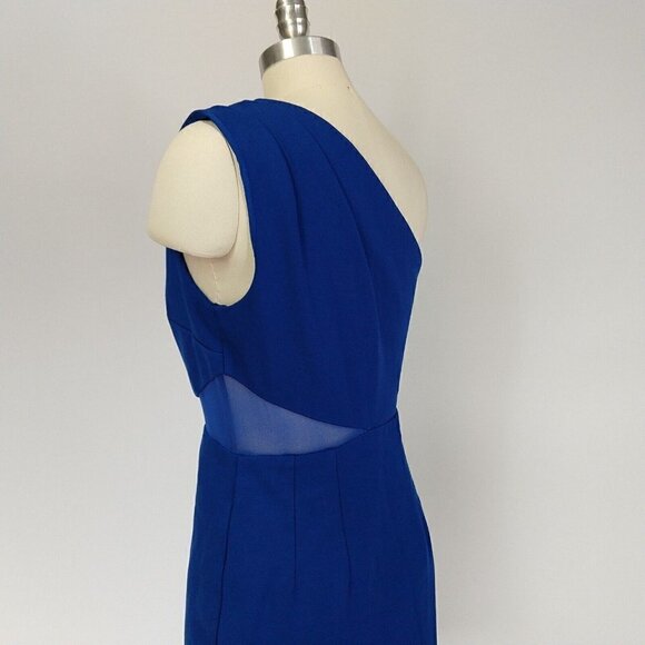 Halston Heritage Blue Mesh Inset One Shoulder Mini Dress Size M Bodycon New Year - Picture 7 of 14